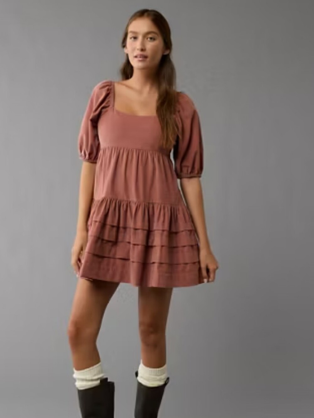 🍁NWT American Eagle Outfitters Puff Sleeve Corduroy Tiered Babydoll Mini Dress